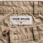 Close-up of the chino pants inside back waistband with woven YOUR BRAND label and waistband stitching
