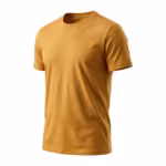 Men's custom made t-shirt in ochre cotton jersey, three-quarter angle view showing the regular fit body, crew neck and short sleeves