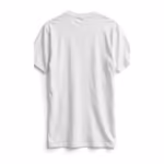 Back view of the men's custom made t-shirt in white cotton jersey, plain back with a small printed size mark below the back neck