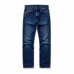 Men's denim pants in mid indigo, full front view of the five-pocket jean with scoop front pockets, coin pocket, copper rivets, belt loops and copper-gold topstitching
