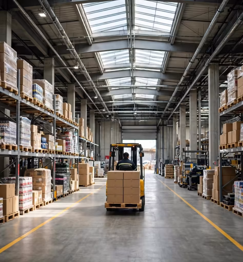 Forklift moving a pallet of export cartons in the warehouse