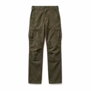 Men's hunting trousers in olive heavy cotton canvas, full front view with reinforced leg panels, bellows cargo pockets with button flaps and deep slanted front pockets