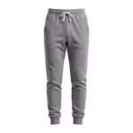 Men's cuffed jogger pants in grey marl brushed fleece, full front view with a wide elastic waistband, white flat drawcord, two slanted side pockets, a diamond gusset and deep ribbed ankle cuffs