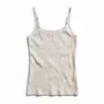 Ladies camisole in ivory cotton rib knit, full front view with adjustable spaghetti straps, small sliders and a bound scoop neckline