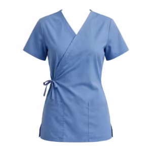 Ceil blue ladies cross over scrub top in poly-cotton poplin, full front view with a deep wrap front, side tie, short sleeves, two lower patch pockets and side vents