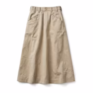 Ladies' A-line midi skirt in stone beige cotton twill, full front view with button waistband, belt loops and slanted side pockets