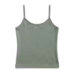 Ladies camisole in sage green cotton jersey, full front view with bound scoop neckline and narrow straps, from the matching underwear set