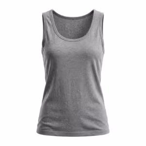 Ladies vest top in grey marl cotton single jersey, full front view with a scoop neckline, bound armholes and a straight twin-needle hem