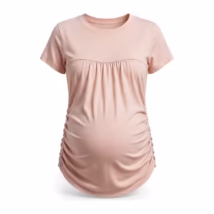 Ladies maternity t-shirt in soft pink cotton jersey, full front view with ribbed crew neck, empire seam under the bust, gathered front panel and ruched side seams over the bump