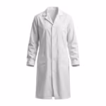 White knee-length lab coat in poly-cotton poplin, full front view with notched collar, button front, one chest pocket and two large lower patch pockets