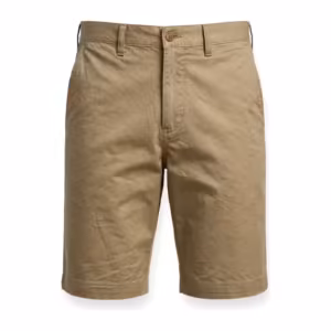 Men's bermuda shorts in khaki cotton twill, full front view with flat front, belt loops and button waistband