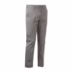 Men's slim fit chino pants in grey cotton twill, side view showing the tapered leg line