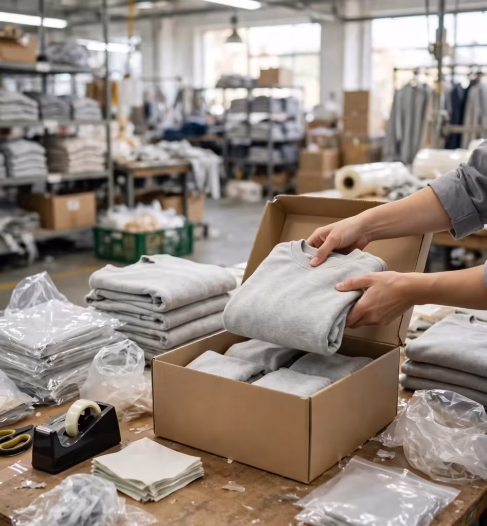 Folded garments being packed into an export carton