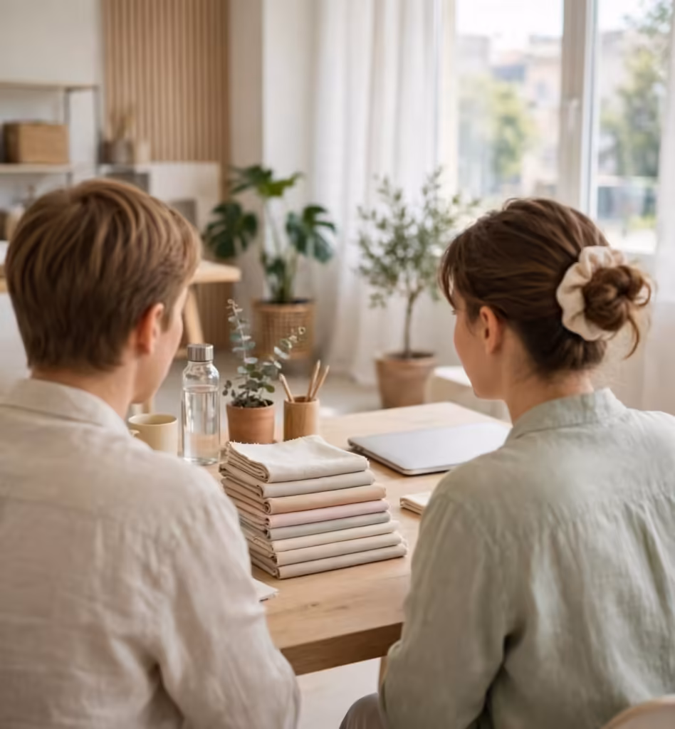 Buyer and merchandiser discussing order terms across the desk
