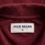 Close-up of the polo shirt inside back neck with woven YOUR BRAND label and collar stitching