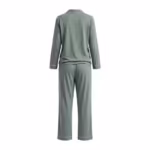 Back view of the ladies sage green pyjama set: a plain closed back panel with a yoke seam, the shirt collar seen from behind, long sleeves with white piping at the cuffs, and long pants plain at the back with piped hems