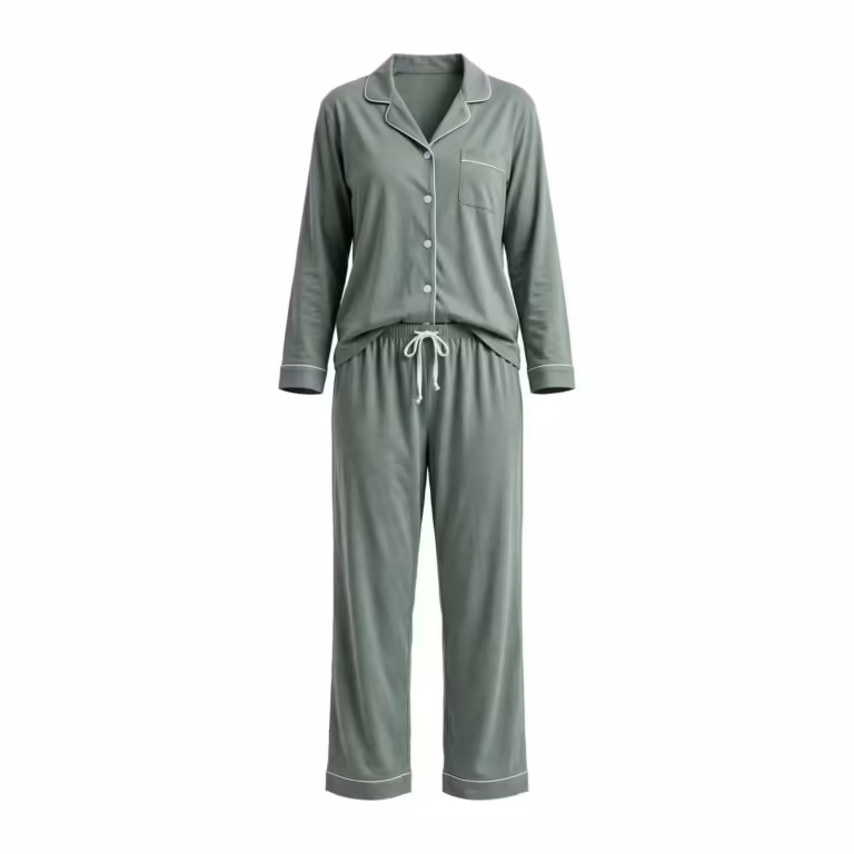 Ladies sage green two-piece pyjama set in cotton single jersey, full front view of the matched pair: a button-front top with a notched collar, white piping on the collar, placket and cuffs, matte buttons and a chest pocket, worn with long pants with an elastic waistband, a white drawcord and piped hems