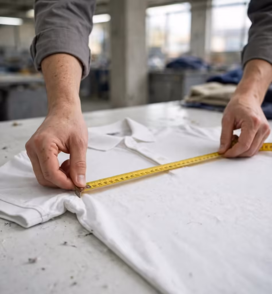 Measuring a polo shirt against the size chart on the inspection table