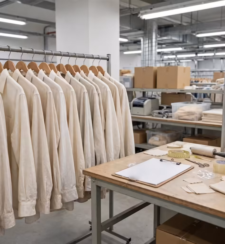 Garments on the rail at the quality recheck station