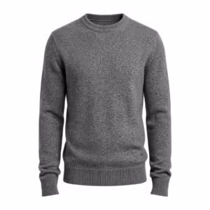 Men's crew neck sweater in heathered grey marl knitted yarn, full front view with a ribbed neckband, set-in sleeves, ribbed cuffs and a ribbed hem knitted into the garment