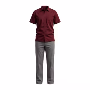 Burgundy short-sleeve staff uniform shirt in poly-cotton twill over stone grey flat-front trousers, full front view of the coordinated uniform set with point collar and chest pocket