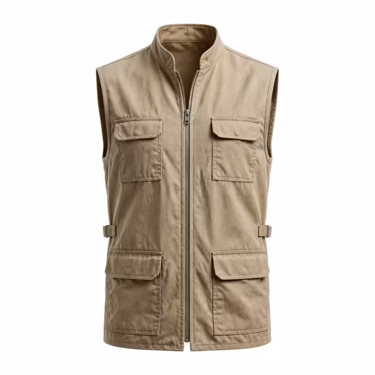 Work vest in khaki cotton twill, full front view with full length zip front, stand collar, two chest pockets with flaps, two lower patch pockets and side waist tabs
