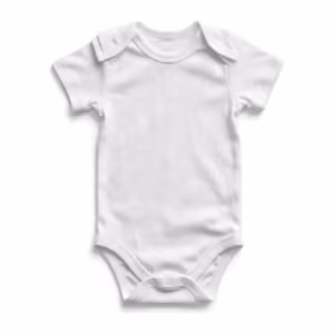 Baby onesie in white cotton interlock, full front view with envelope lap shoulders, short sleeves and a three-snap placket at the crotch