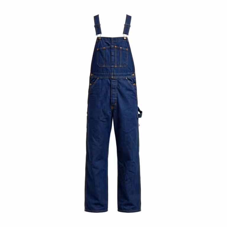 Denim bib overalls in mid-indigo, front view with split bib pocket and brass strap buckles