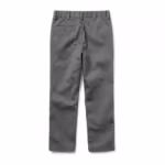 Boys double knee pants in grey cotton twill, back view with plain legs and one buttoned welt back pocket