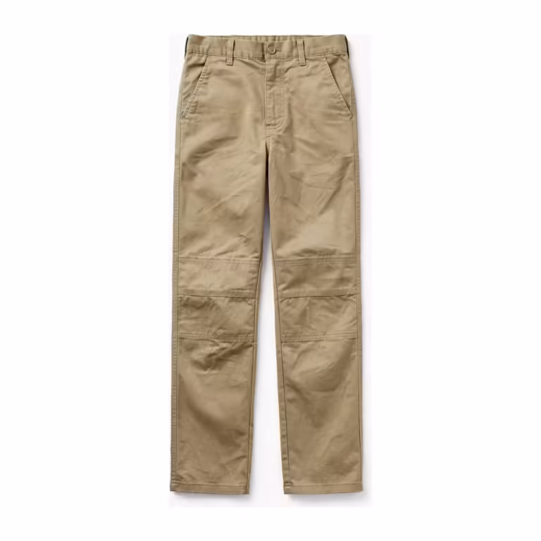 Boys double knee pants in khaki cotton twill, full front view with flat front, belt loops and reinforced double knee stitch lines on both legs