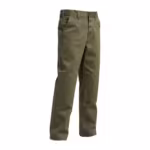 Boys double knee pants in olive cotton twill, three-quarter angle showing the front pocket and the reinforced knee panel