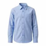 Boys' long sleeve school shirt in light blue cotton oxford, full front view with shirt collar, button placket and chest pocket