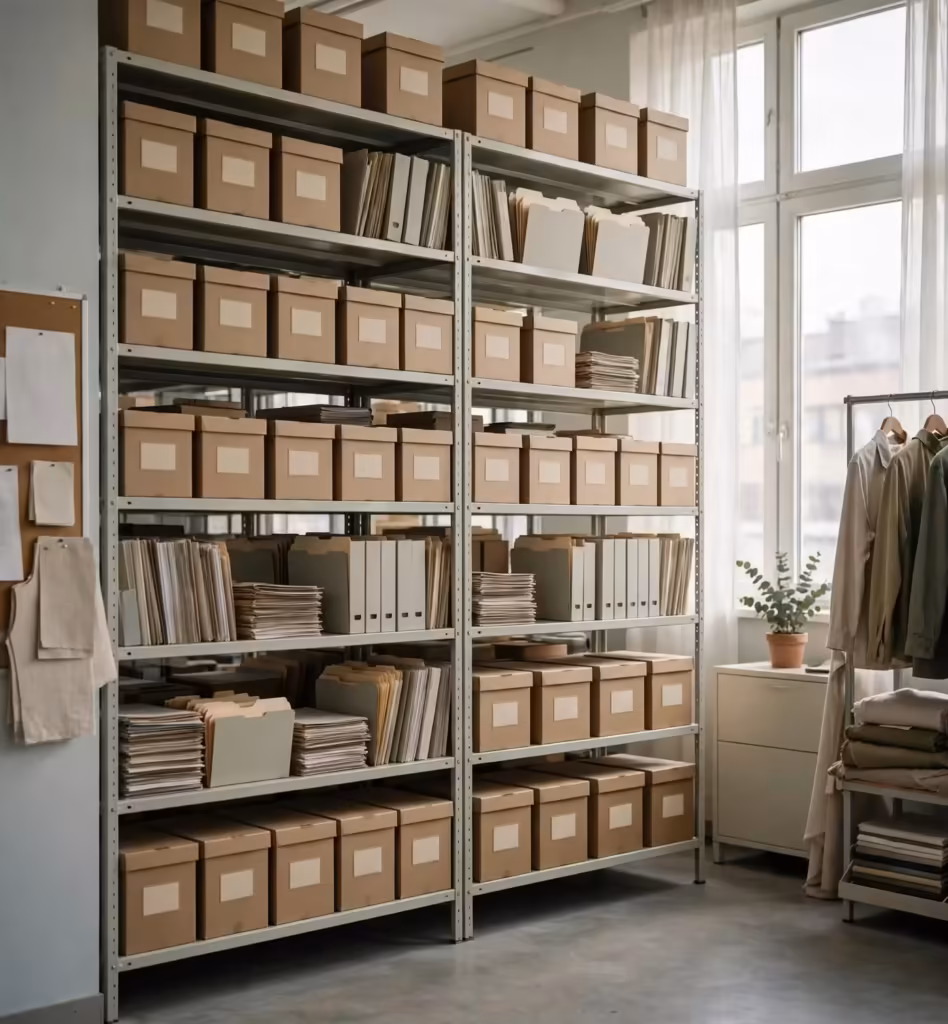 Archive shelves holding order files and buyer documents in our office