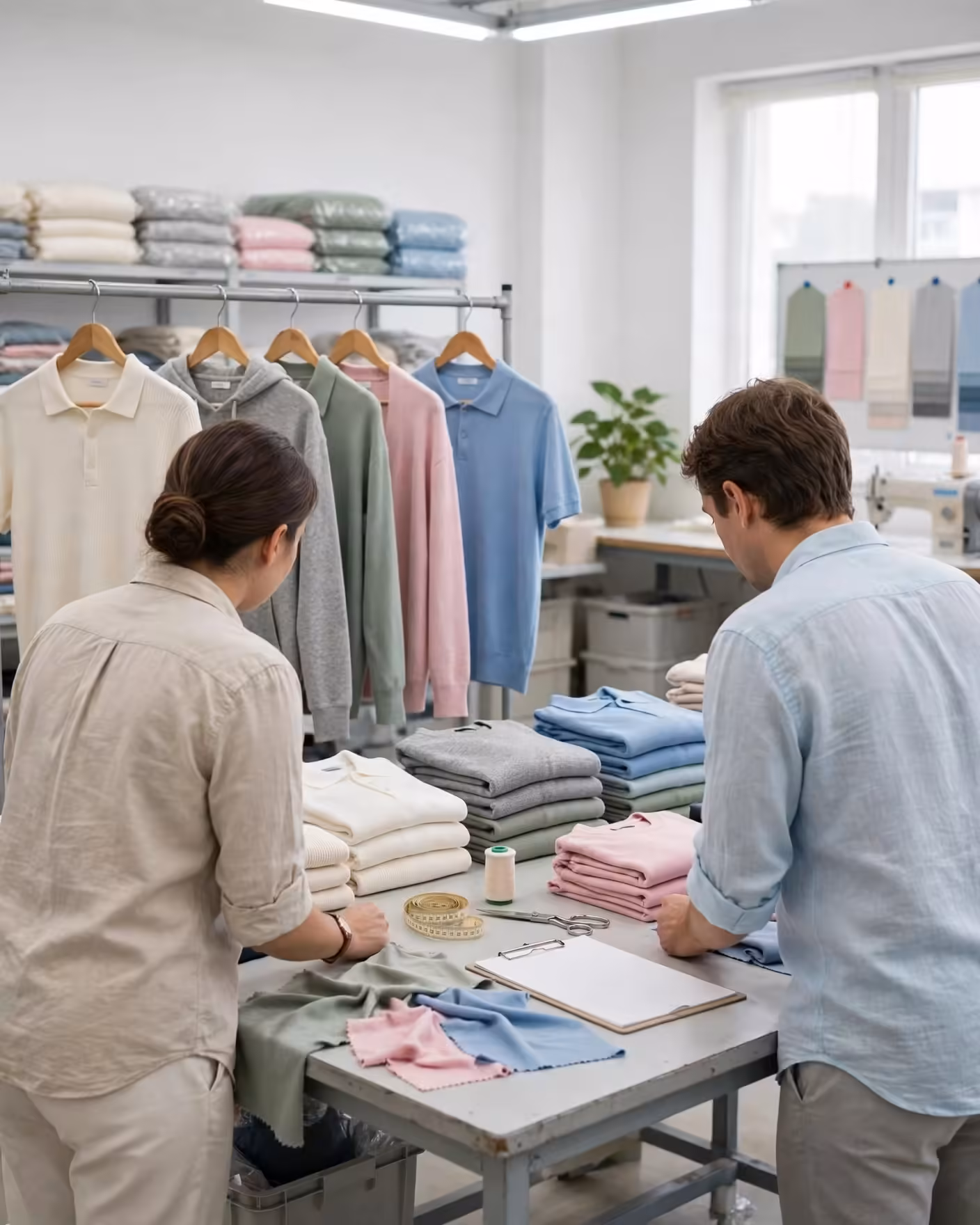 Buyer and merchandiser reviewing garment samples together at our Dhaka factory