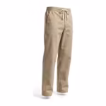 Chef trousers in plain stone poly-cotton twill, three-quarter ghost form angle showing the drawstring waist, side pocket and straight leg