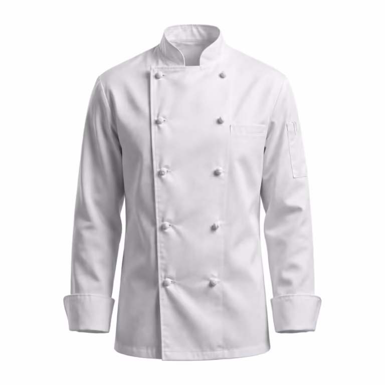 White double-breasted chef jacket in poly-cotton twill, full front view with stand collar, two rows of cloth knot buttons, chest welt pocket and sleeve pen pocket