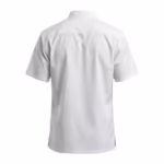 Chefs cook shirt back view in white poly-cotton poplin with shoulder yoke seam, short sleeves and side hem vents