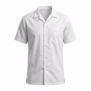 Chefs cook shirt in white poly-cotton poplin, full front view with soft point collar, button-through front, chest pocket and short sleeves with turned hems