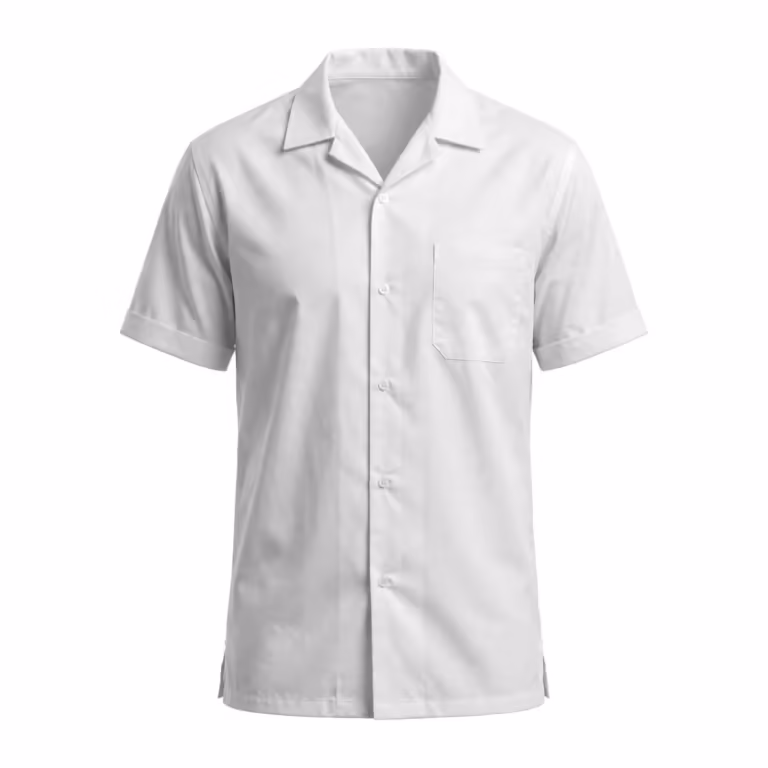 Chefs cook shirt in white poly-cotton poplin, full front view with soft point collar, button-through front, chest pocket and short sleeves with turned hems