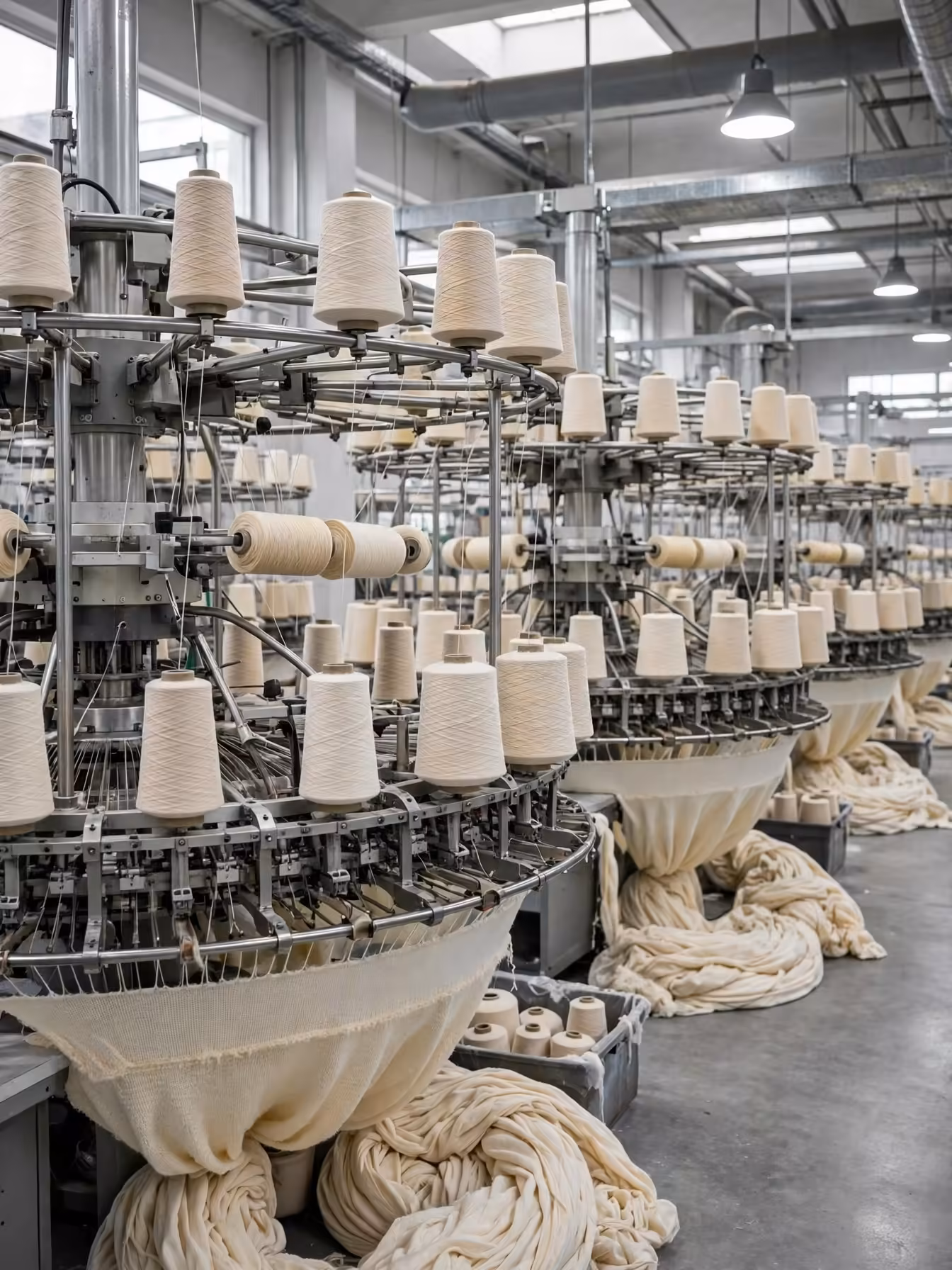 Circular knitting machines knitting cotton fabric at our Bangladesh factory