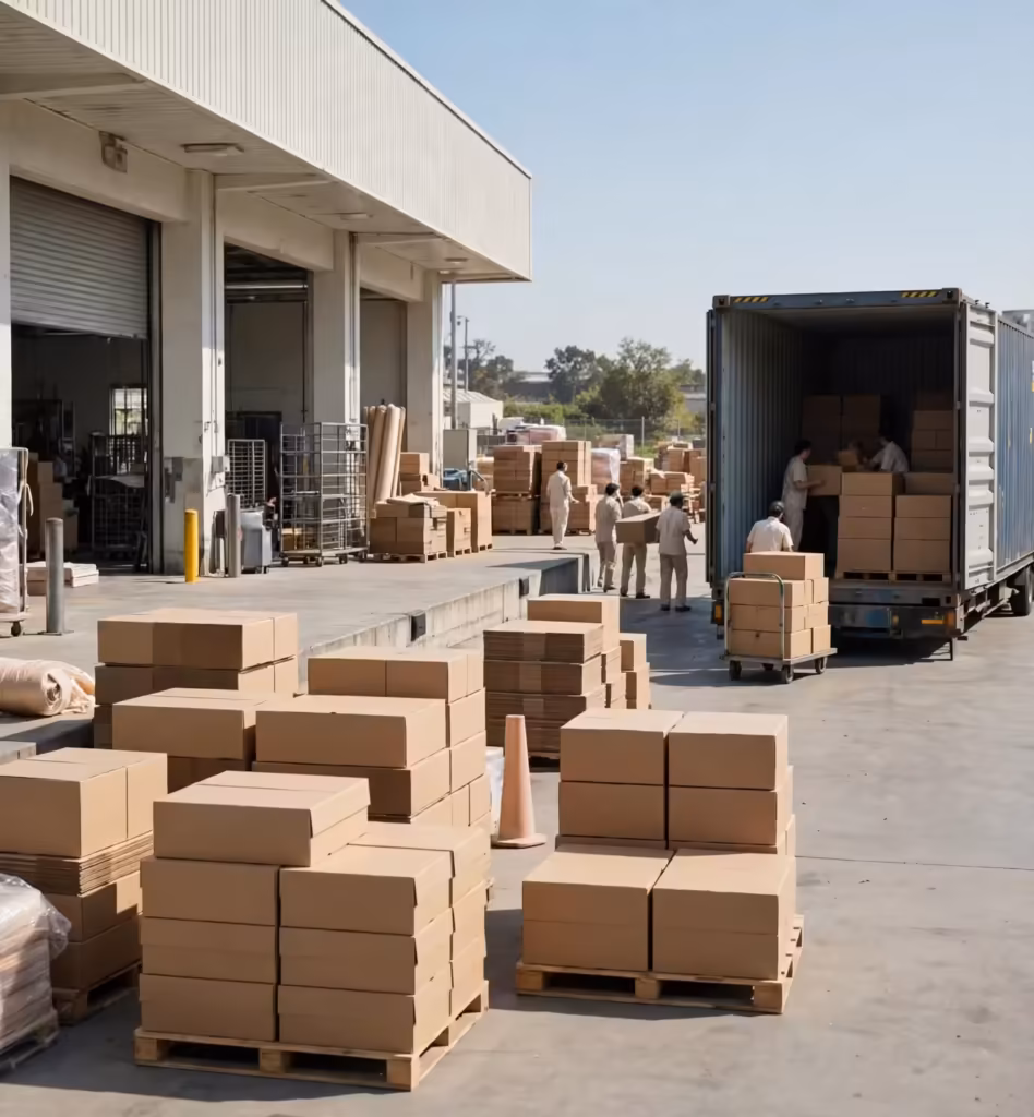 Garment cartons being loaded into a shipping container