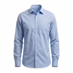 Men's corporate dress shirt in light blue cotton poplin, full front view with fused semi-spread collar, button placket and single chest pocket