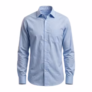 Men's corporate dress shirt in light blue cotton poplin, full front view with fused semi-spread collar, button placket and single chest pocket