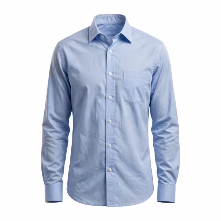 Men's corporate dress shirt in light blue cotton poplin, full front view with fused semi-spread collar, button placket and single chest pocket