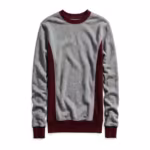 Panelled crew sweatshirt in grey marl loopback fleece with burgundy ribbed side panels, full front view showing the panel seams, ribbed collar, cuffs and hem sewn from a client's tech pack