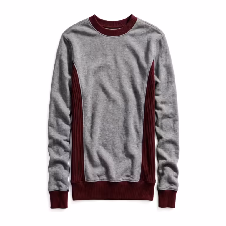 Panelled crew sweatshirt in grey marl loopback fleece with burgundy ribbed side panels, full front view showing the panel seams, ribbed collar, cuffs and hem sewn from a client's tech pack