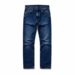 Men's denim pants in mid indigo, full front view of the five-pocket jean with scoop front pockets, coin pocket, copper rivets, belt loops and copper-gold topstitching