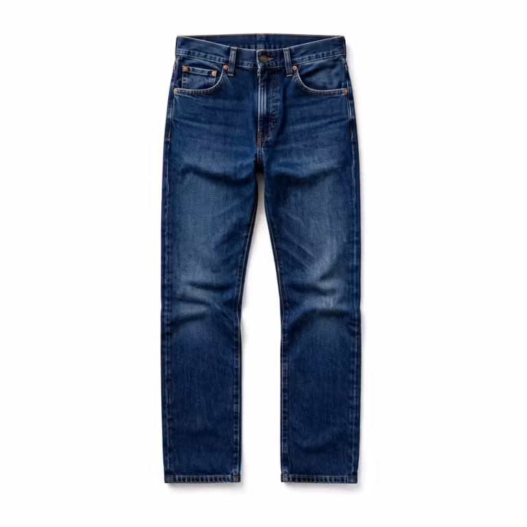 Men's denim pants in mid indigo, full front view of the five-pocket jean with scoop front pockets, coin pocket, copper rivets, belt loops and copper-gold topstitching