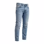 Men's denim pants in light wash, three-quarter ghost form angle of the tapered fit showing the scoop pocket, copper rivets and the narrowing leg line