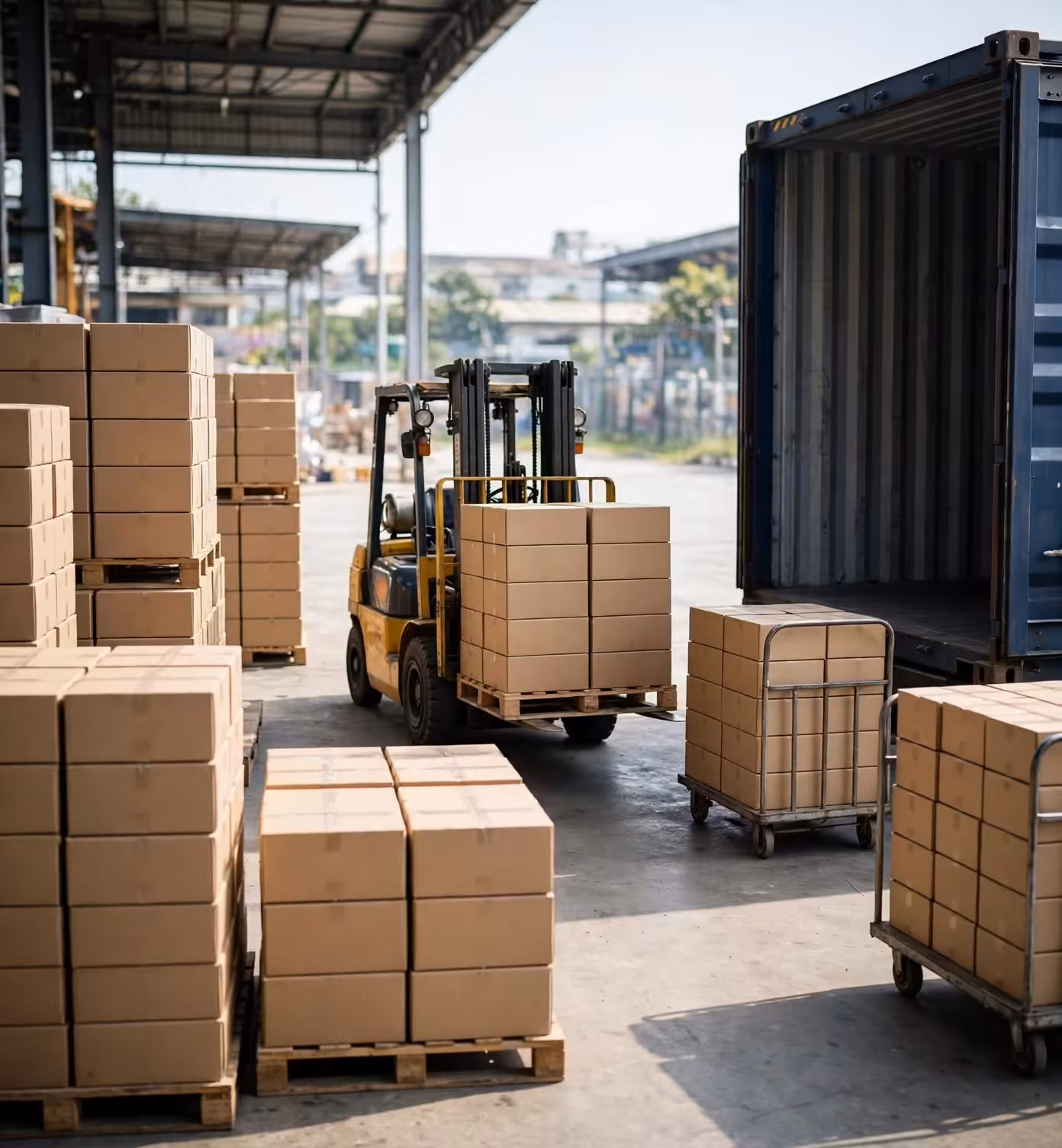 Export cartons of finished garments being loaded into a shipping container
